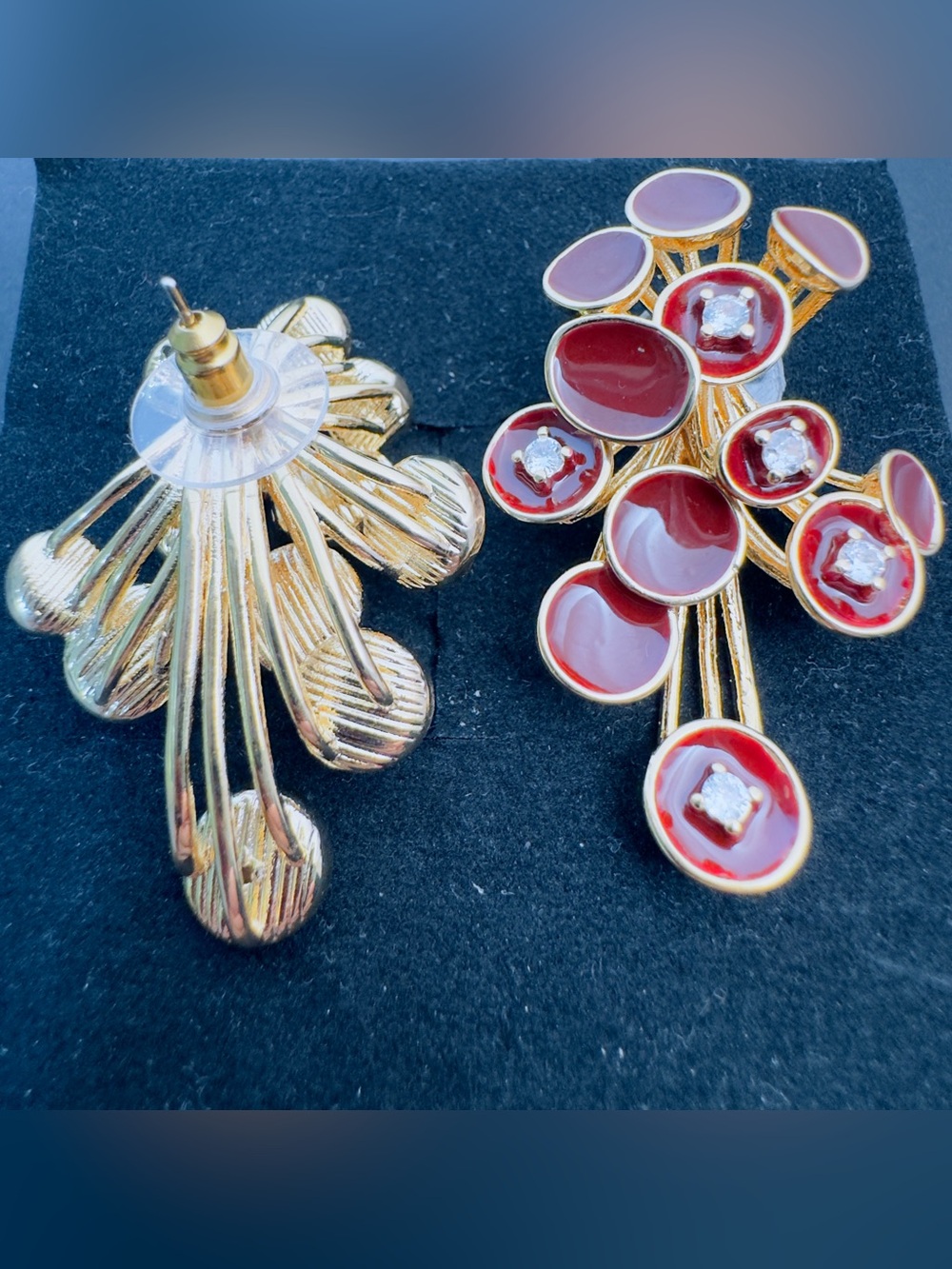 Gold-Tone Red Cluster Statement Earrings - Picture 3 of 6